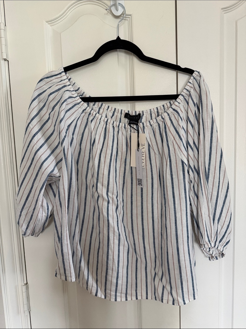 a new day White Off-the-Shoulder Striped Tunic with Blue and Tan Stripes